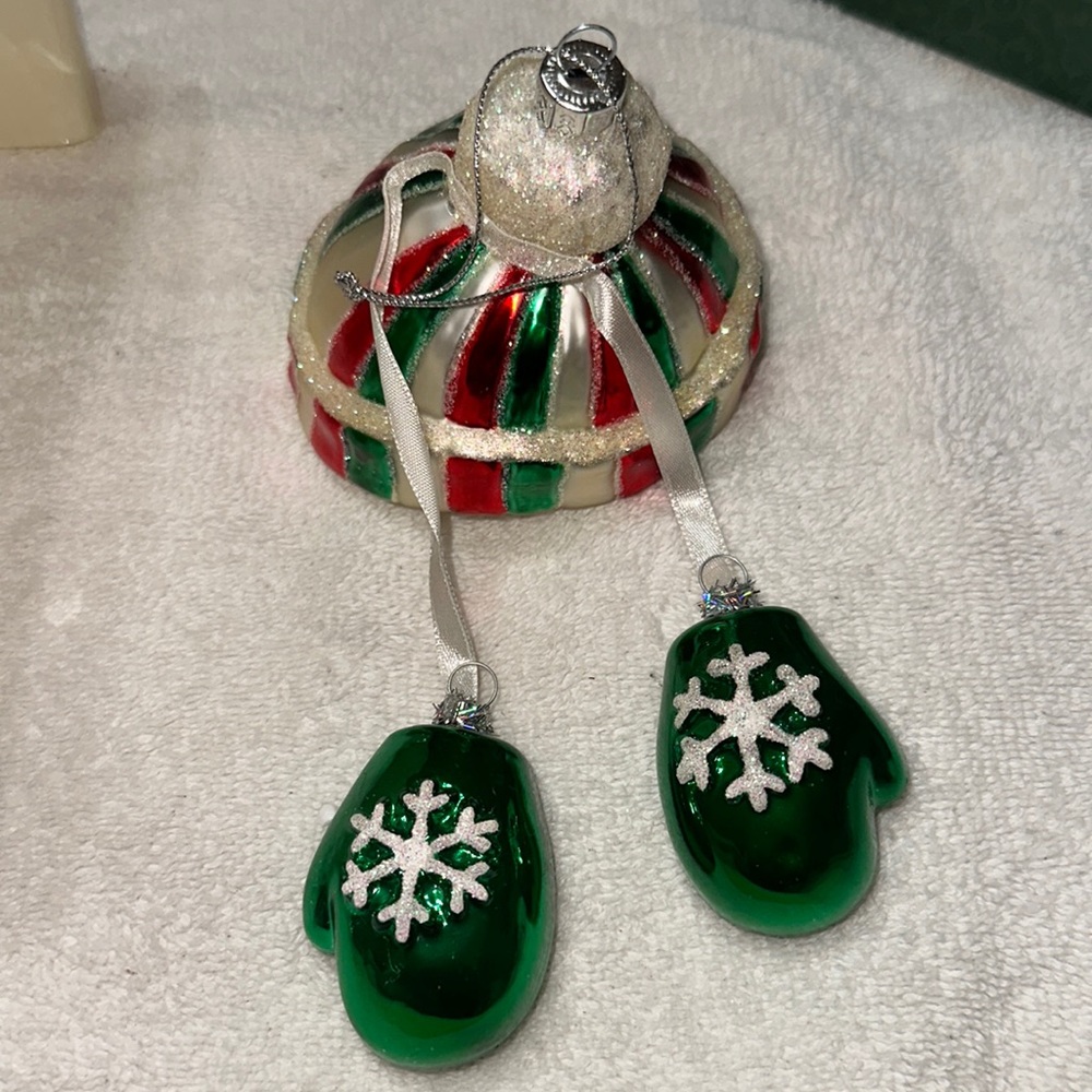 Glass 2  Mittens & Glass Cap Ornaments Hand Blown Red Green White Mercury NIB